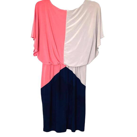 MSK MIDI BLOUSON DRESS, WOMENS, M, NAVY BLUE PEACH TAN, ELASTIC WAIST, V-NECK - Picture 5 of 10